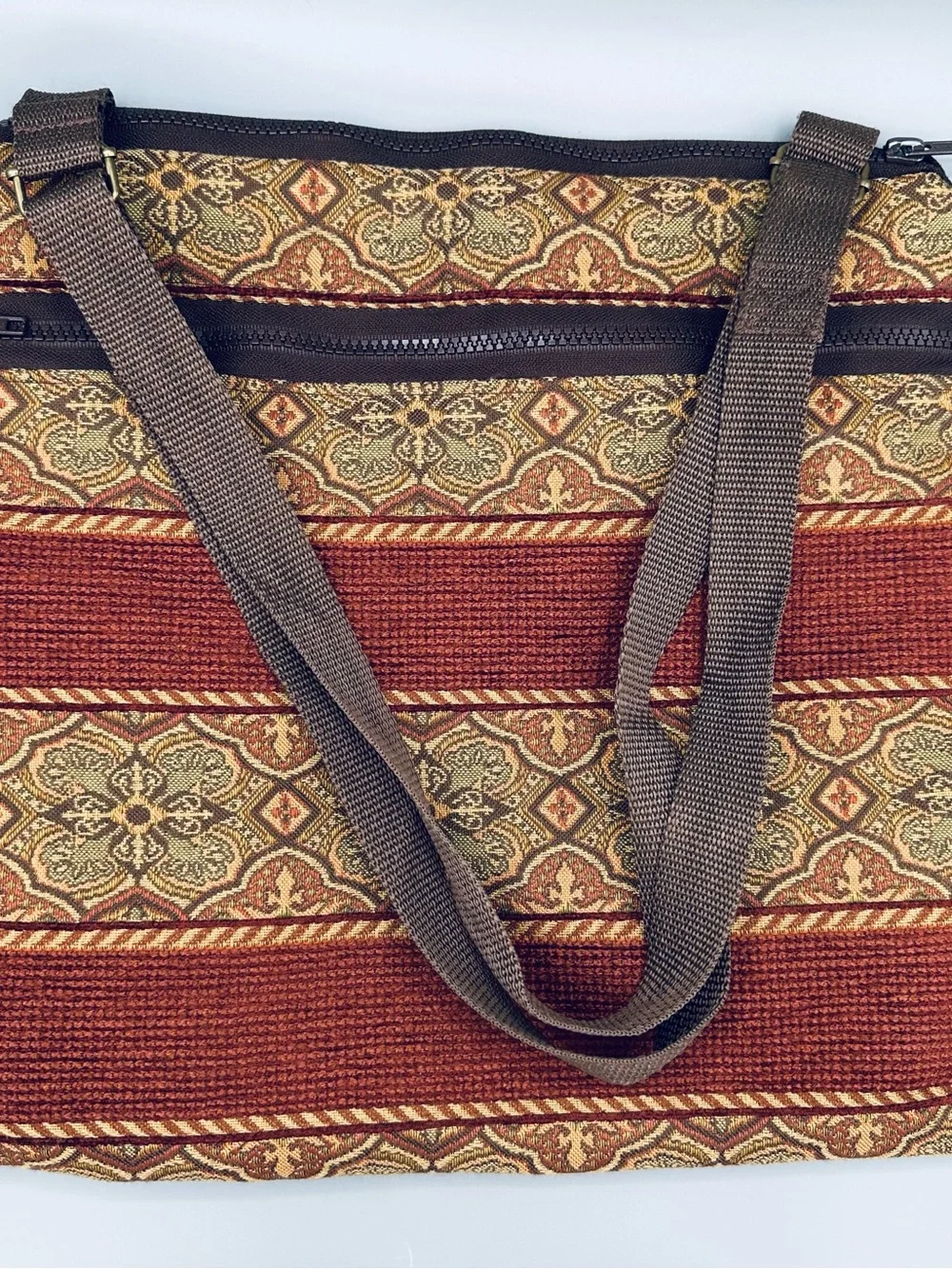 Vintage Tapestry Tote Bag Brown Floral Medallion Zip Top Boho Travel Purse